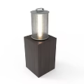 Modern Floor Lamp With Wooden Cube Base And Metal Mesh Shade Emitting Warm Light