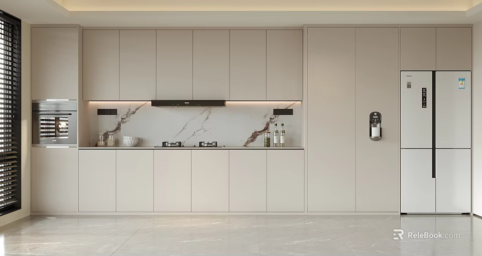Modern Kitchen Interior With Light Colored Cabinets Marble Countertop And Integrated Appliances 3d model 