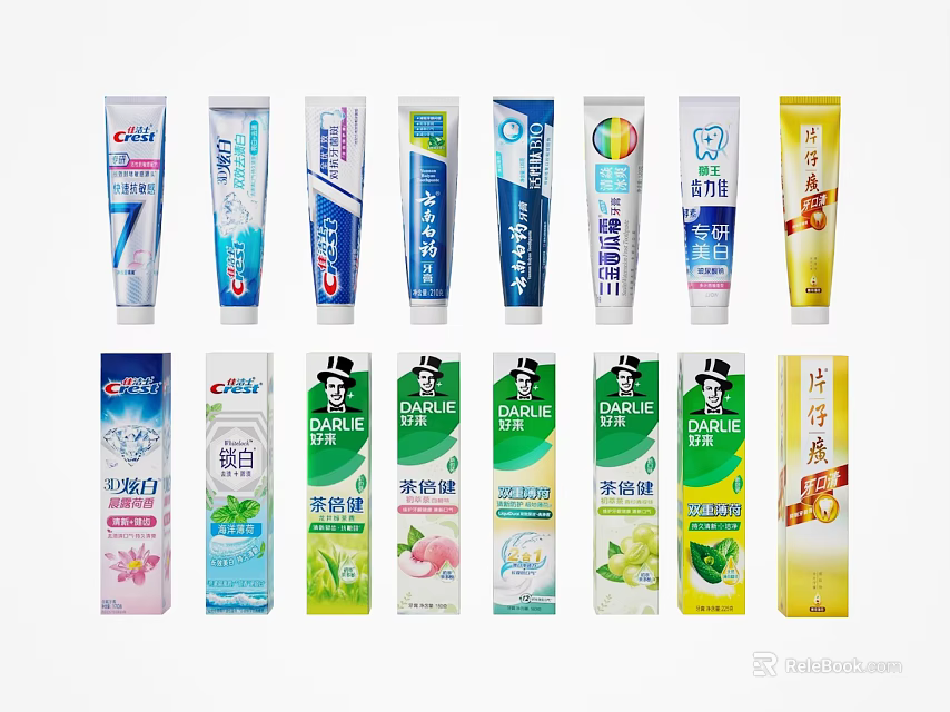 Various Toothpaste Brands With Different Flavors And Colorful Tube Packaging 3d model