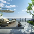 Modern Coastal Terrace Landscape Garden With Cozy Outdoor Lounge Furniture Overlooking Stunning Panoramic Sea View