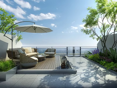 Modern Coastal Terrace Landscape Garden With Cozy Outdoor Lounge Furniture Overlooking Stunning Panoramic Sea View 3d model