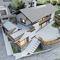 Modern Style Detached Villa With Gray Roof Wooden Fencing Courtyard Stairs And Surrounding Green Plants
