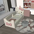Hello Kitty Kids Bed with Pink Bows Striped Sheet and Stuffed Bear in Bedroom