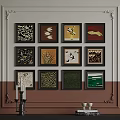 Abstract Paintings in Black Frames on Two Tone Wall with Decorative Candles and Books 3d model