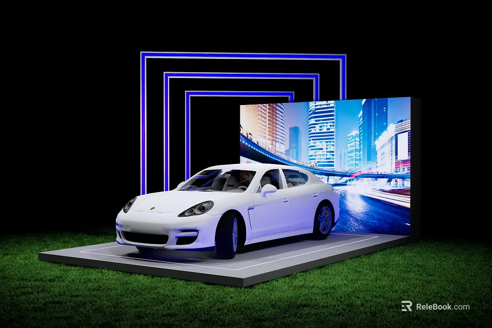 White Porsche Panamera Display Platform with Blue Neon Frame City Night View Screen Green Grass 3d model 