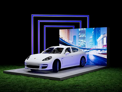 White Porsche Panamera Display Platform with Blue Neon Frame City Night View Screen Green Grass 3d model