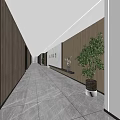 Modern Office Corridor With Wooden Walls Gray Marble Flooring And Green Plants