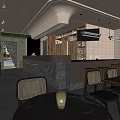 Modern Minimalist Café Interior With Marble Tables Black Chairs Wooden Walls Bar And Warm Lighting