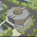 Aerial Planning of Octagonal Building with Glass Dome Surrounded by Trees Roads and Landscaping