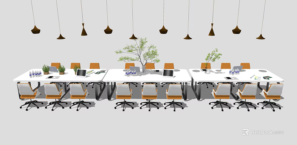 Modern Office Desk Setup With Multiple Chairs Laptops Plants And Hanging Pendant Lights 3d model