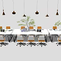 Modern Office Desk Setup With Multiple Chairs Laptops Plants And Hanging Pendant Lights 3d model