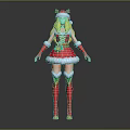 Blonde Female Character In Christmas Costume With Reindeer Antlers Red Dress White Fur Trim Stockings