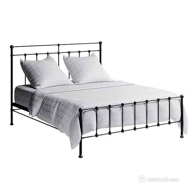Black Metal Frame Double Bed with White Plaid Sheets and Pillows 3d model 