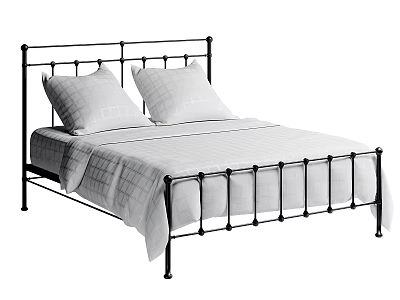 Black Metal Frame Double Bed with White Plaid Sheets and Pillows 3d model