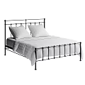 Black Metal Frame Double Bed with White Plaid Sheets and Pillows