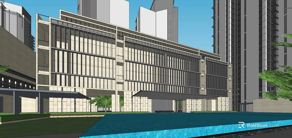 Modern Urban Building With Glass Curtain Wall And Water Feature In City 3d model 