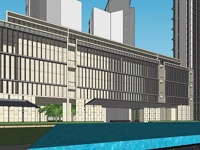 Modern Urban Building With Glass Curtain Wall And Water Feature In City 3d model