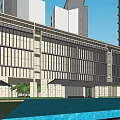 Modern Urban Building With Glass Curtain Wall And Water Feature In City
