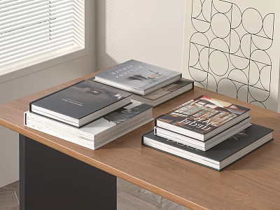 Elegant Stacks of Books Magazines on Wooden Table with Window and Geometric Pattern Decor 3d model
