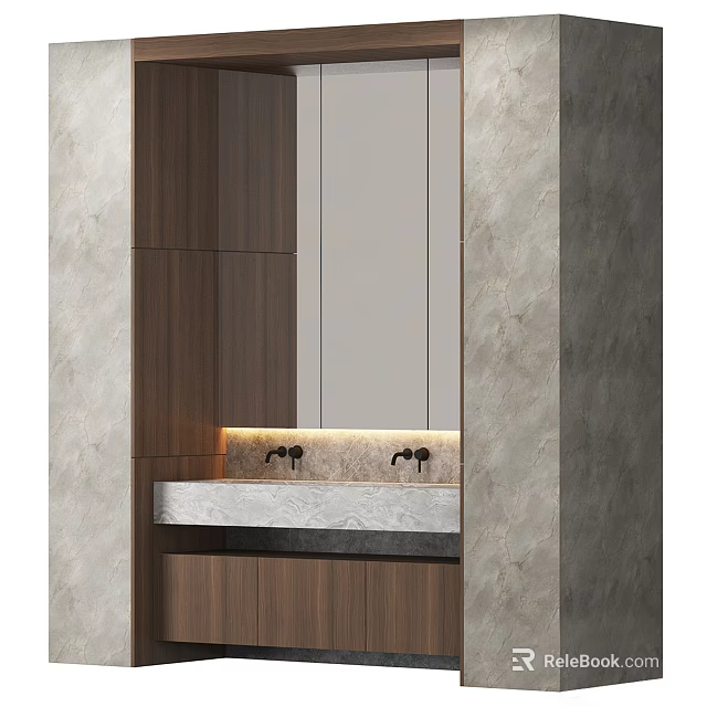 Modern Bathroom Vanity With Marble Countertop Wooden Cabinet Mirror And Lighting 3d model 