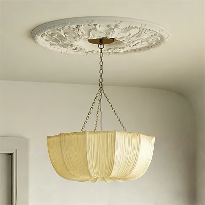 Elegant Beige Pleated Lampshade Chandelier Hanging with Chain and Ceiling Medallion 3d model