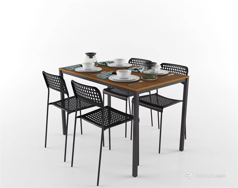 Dining Table Set With Wooden Top Black Metal Frame Four Mesh Back Chairs And Tableware 3d model 