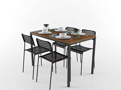 Dining Table Set With Wooden Top Black Metal Frame Four Mesh Back Chairs And Tableware 3d model