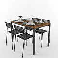 Dining Table Set With Wooden Top Black Metal Frame Four Mesh Back Chairs And Tableware