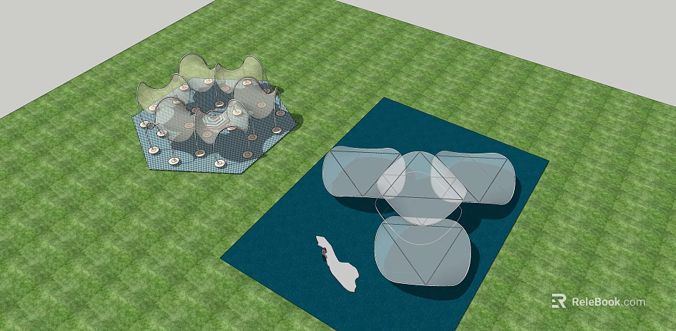 Modern Outdoor Pergola Design With Glass Canopy And Geometric Structure In Garden Grass Landscape 3d model 