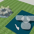 Modern Outdoor Pergola Design With Glass Canopy And Geometric Structure In Garden Grass Landscape
