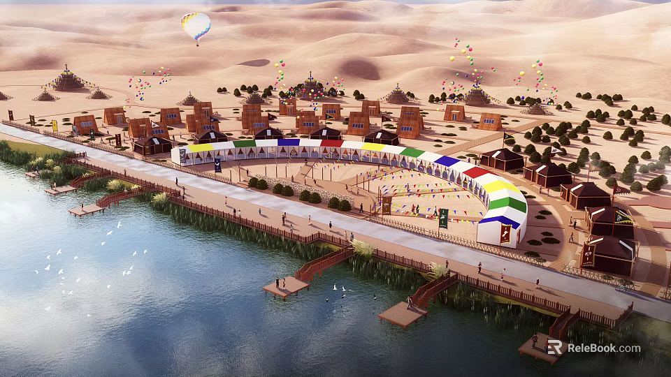 Garden Landscape Featuring Desert Backdrop Traditional Buildings Colorful Pavilions And Waterfront Walkway 3d model 