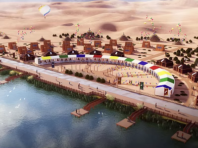 Garden Landscape Featuring Desert Backdrop Traditional Buildings Colorful Pavilions And Waterfront Walkway 3d model