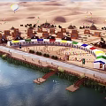 Garden Landscape Featuring Desert Backdrop Traditional Buildings Colorful Pavilions And Waterfront Walkway