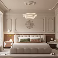 Luxury Modern Bedroom Interior Design With Beige Bed Decorative Wall Ornate Pattern Chandelier And Armchair