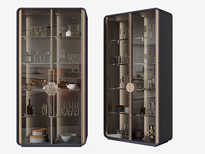 Modern Wine Cabinet With Glass Door Displaying Glasses Bottles And Dishes 3d model