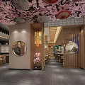 Traditional Japanese Restaurant Interior With Cherry Blossom Ceiling Decor Wooden Counter Bar And Seating