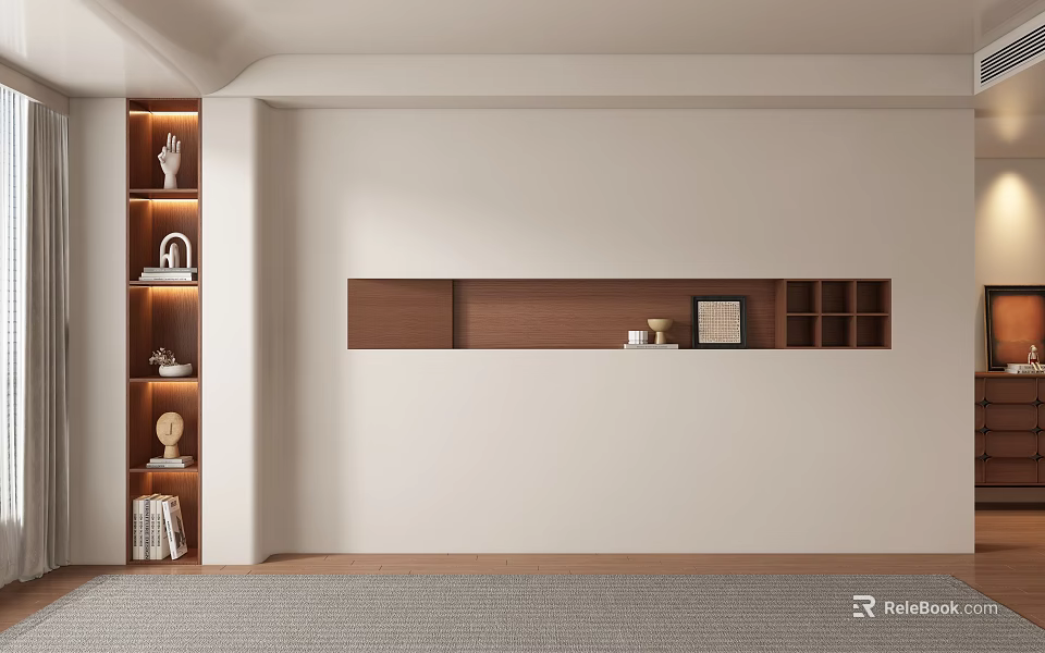 Modern Sofa Background Wall Design With Wooden Shelves LED Lighting And Decor Pieces 3d model 