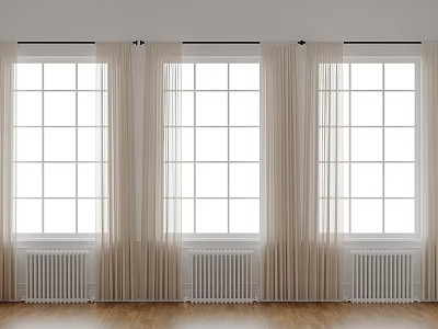 Beige Roman Curtains On Three Windows With White Radiators Wooden Floor Modern Minimalist Style 3d model