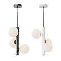 Modern Pendant Lights With White Spherical Bulbs Black And White Poles And Golden Details