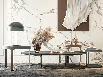 Modern Coffee Table with Decorative Plants and Table Lamp on Marble Wall Background 3d model