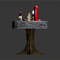 Rustic Tree Stump Wooden Table With Various Breakfast Items And Decorative Branch