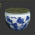 Blue And White Porcelain Jar With Landscape Pattern And Wooden Lid