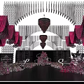 Elegant Event Stage With Pink Drapes Chandeliers And Flower Decorated Tables
