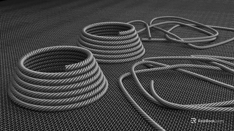 Coiled Steel Cables Placed On Black Mesh Surface Background 3d model 