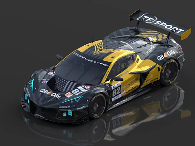 Yellow and Black Race Car with Aerodynamic Design Rear Wing and Sponsor Logos Number 32 3d model