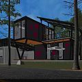 Modern Container Building With Black White Design Pink Circular Patterns Outdoor Terrace Sunshade Umbrella And Trees