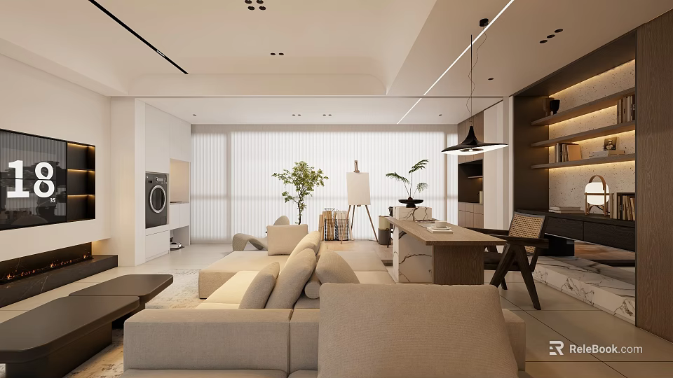 Modern Dining Living Room Interior Design With Beige Sofa Dining Table Chairs And Decorative Plants 3d model 