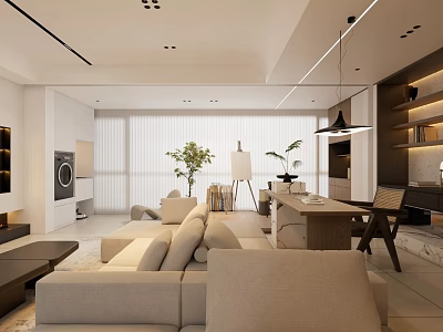 Modern Dining Living Room Interior Design With Beige Sofa Dining Table Chairs And Decorative Plants 3d model