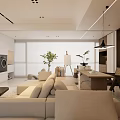 Modern Dining Living Room Interior Design With Beige Sofa Dining Table Chairs And Decorative Plants