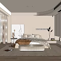 Cozy Modern Bedroom Interior With Light Tones Large Bed White Orange Bedding And Decorative Painting